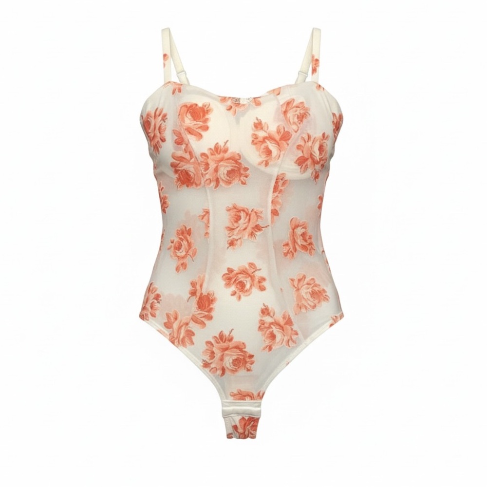 VTG French Sheer Mesh Bodysuit Lingerie Rose Floral 34B Coquette Boudoir NWT